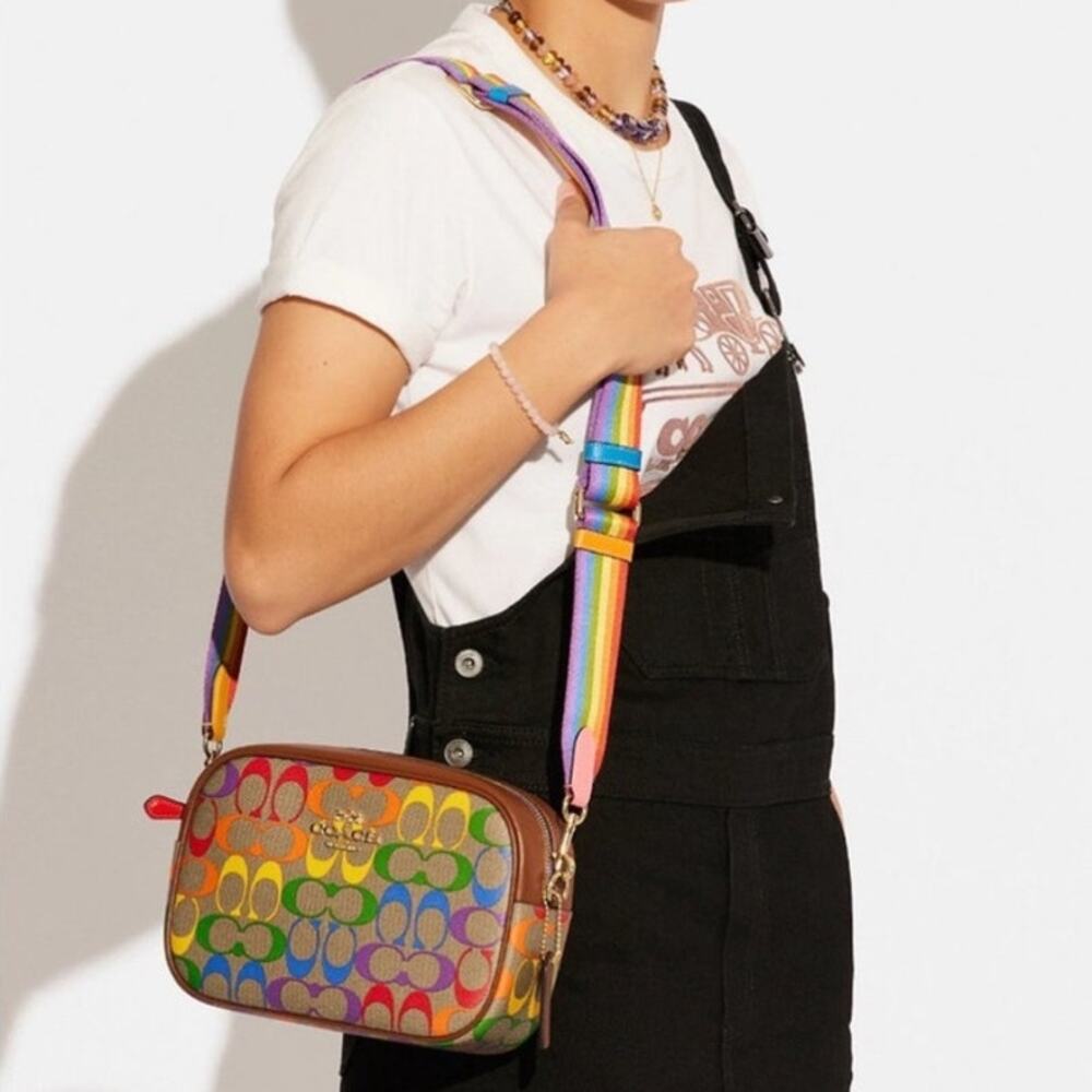 Coach Pride 2022 Brown Rainbow Monogram Jamie Coated Canvas Crossbody Camera Bag